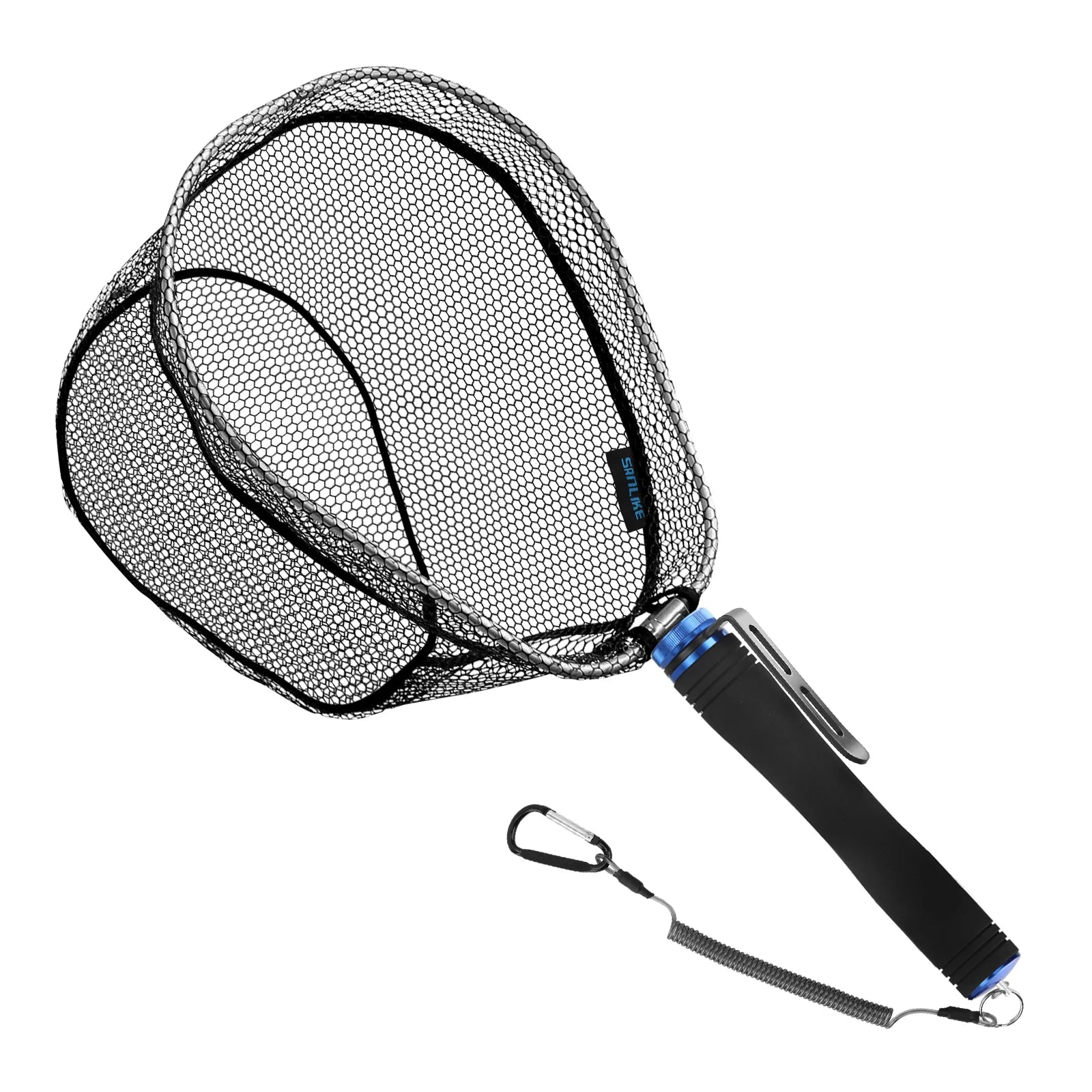 Foldable landing net with EVA handle shown at angle with blue accent