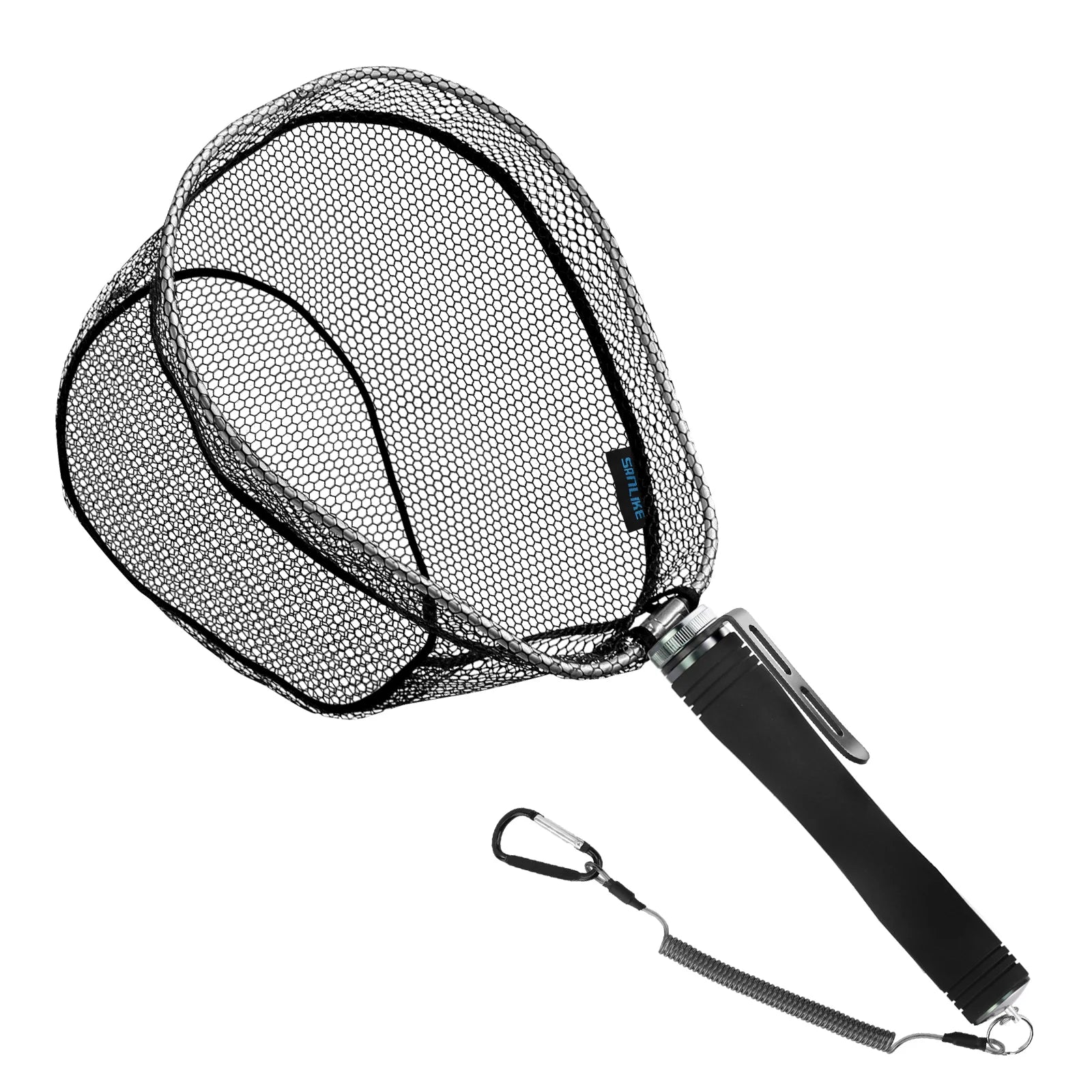 Foldable landing net with EVA handle shown at angle with red accent