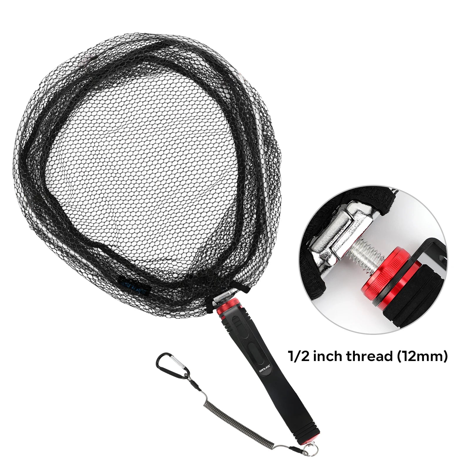Foldable landing net showing PE mesh aluminium frame and threaded connector