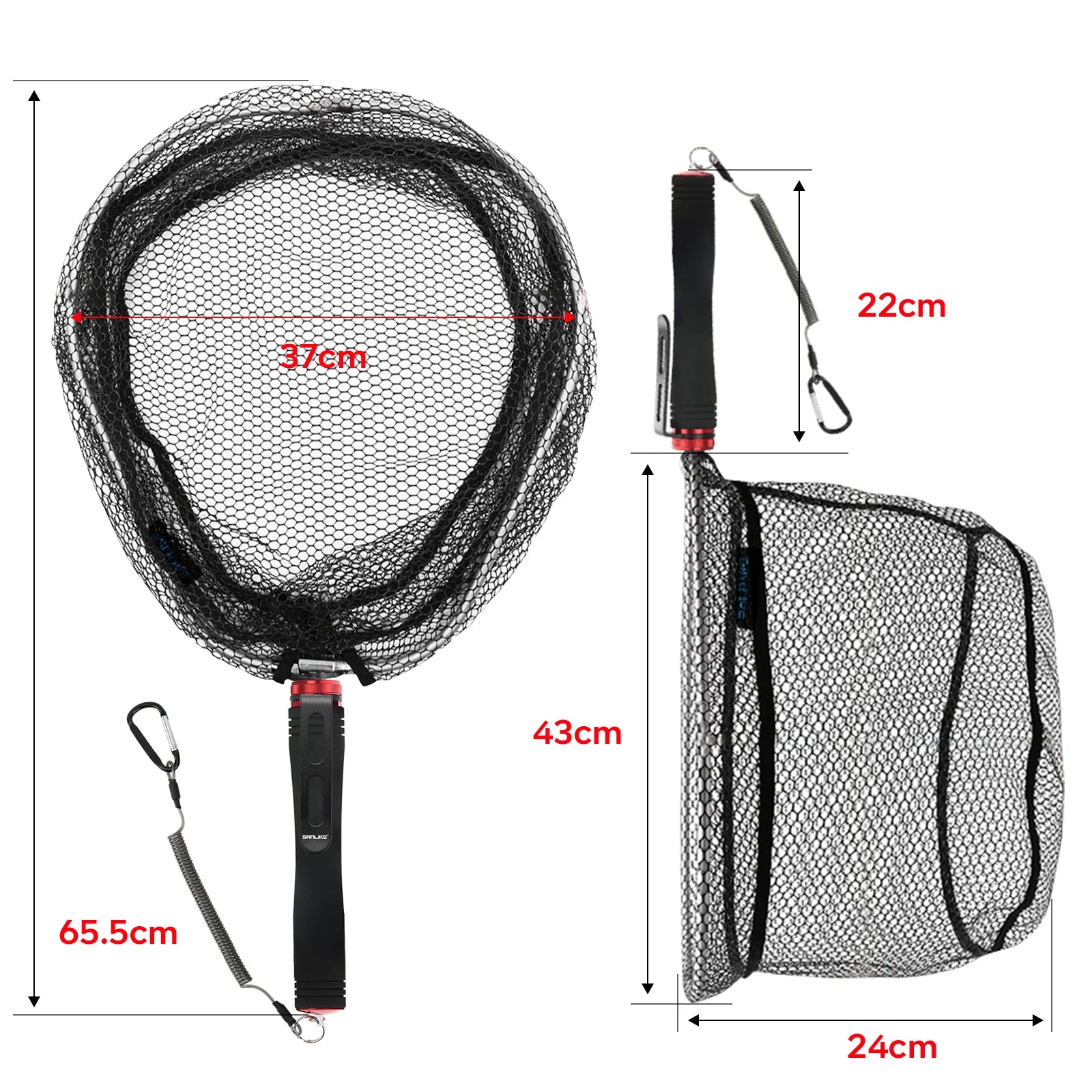 Foldable landing net size diagram showing frame depth handle and width measurements