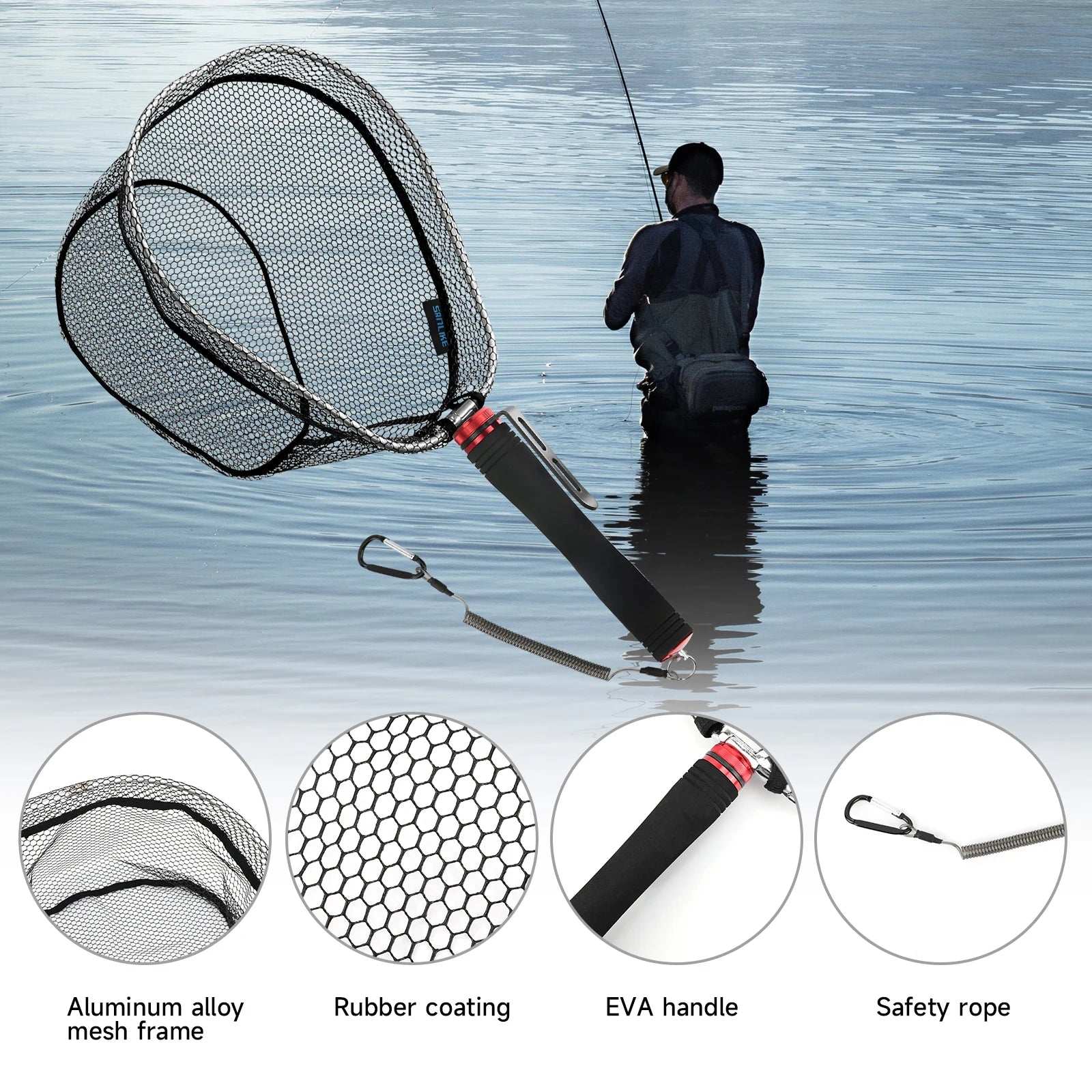 Foldable landing net shown in shallow water during fish landing
