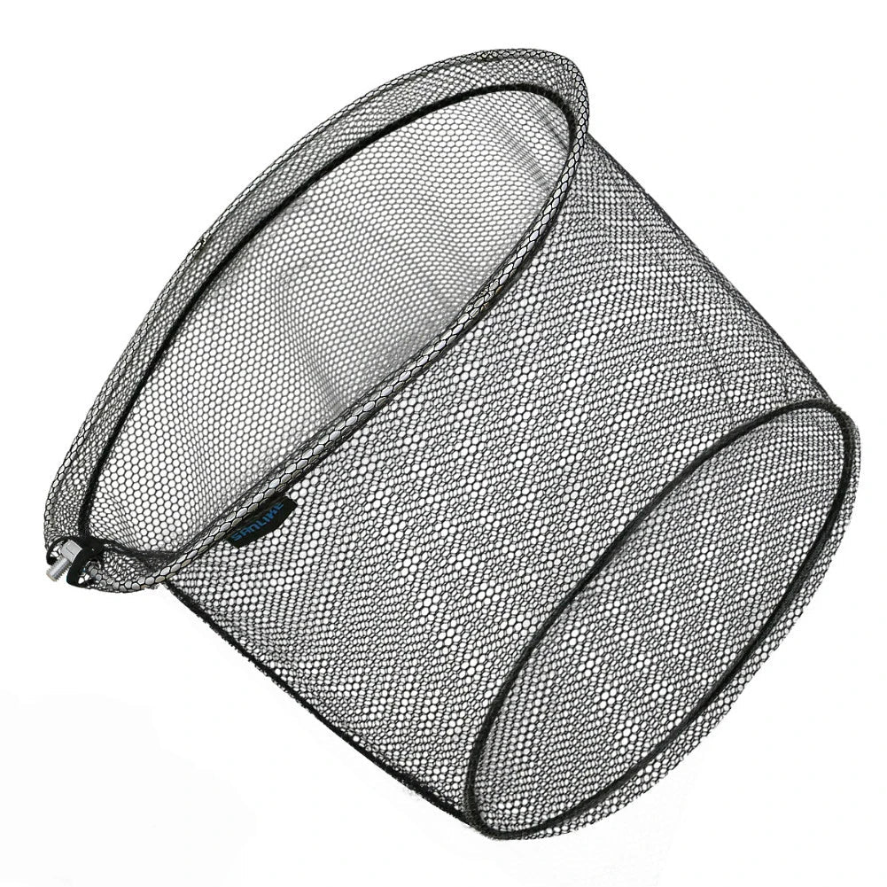 Foldable rubber mesh landing net with aluminium frame shown collapsed