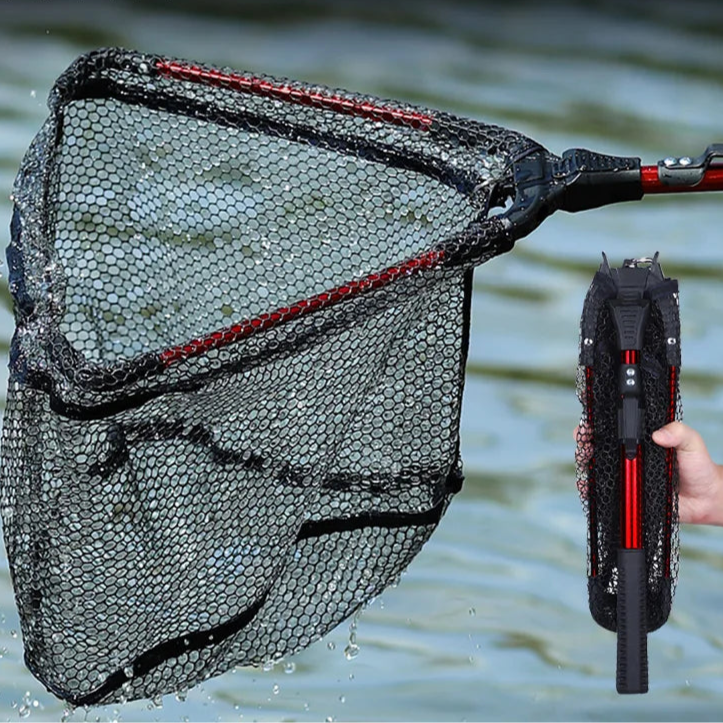 Foldable telescopic triangular landing net with rubber mesh used in water