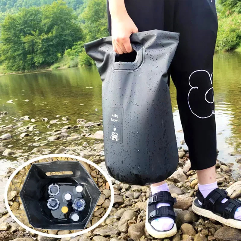Foldable waterproof bucket carried beside river