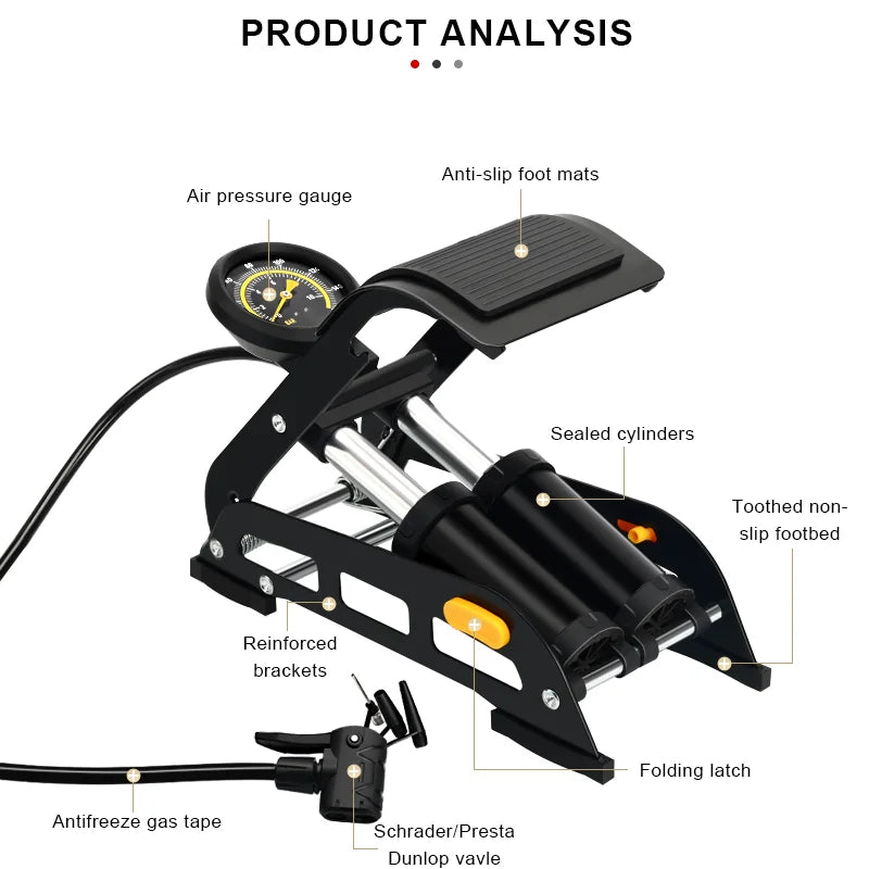Foot bike pump with labelled components and hose layout