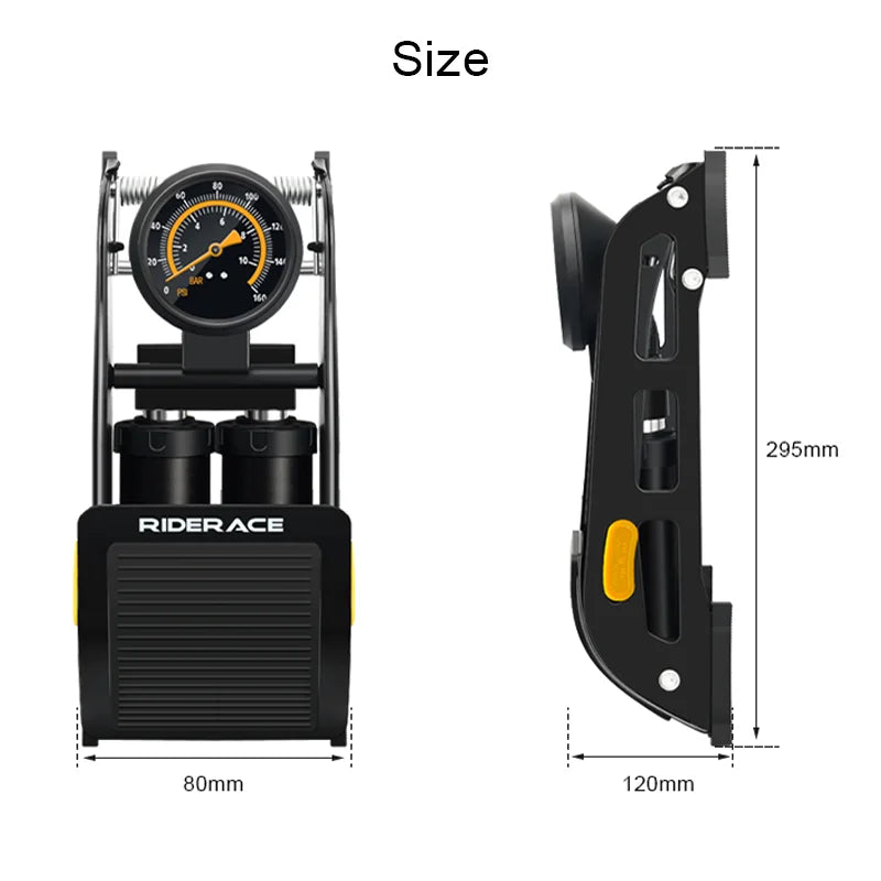 Foot bike pump shown with folded and upright size dimensions