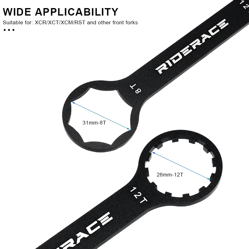 Suspension fork cap wrench showing wide compatibility ends
