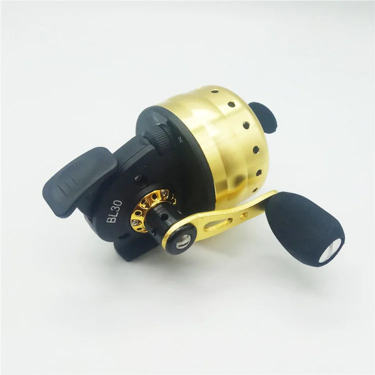 Gold BL30 spincast fishing reel with black body and EVA handle, featuring smooth pre-loading design and stainless steel spool for easy casting
