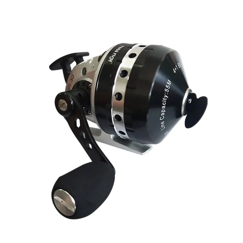 Side profile of gold BL30 spincast reel showing sleek metal cone and compact ambidextrous design for precision casting