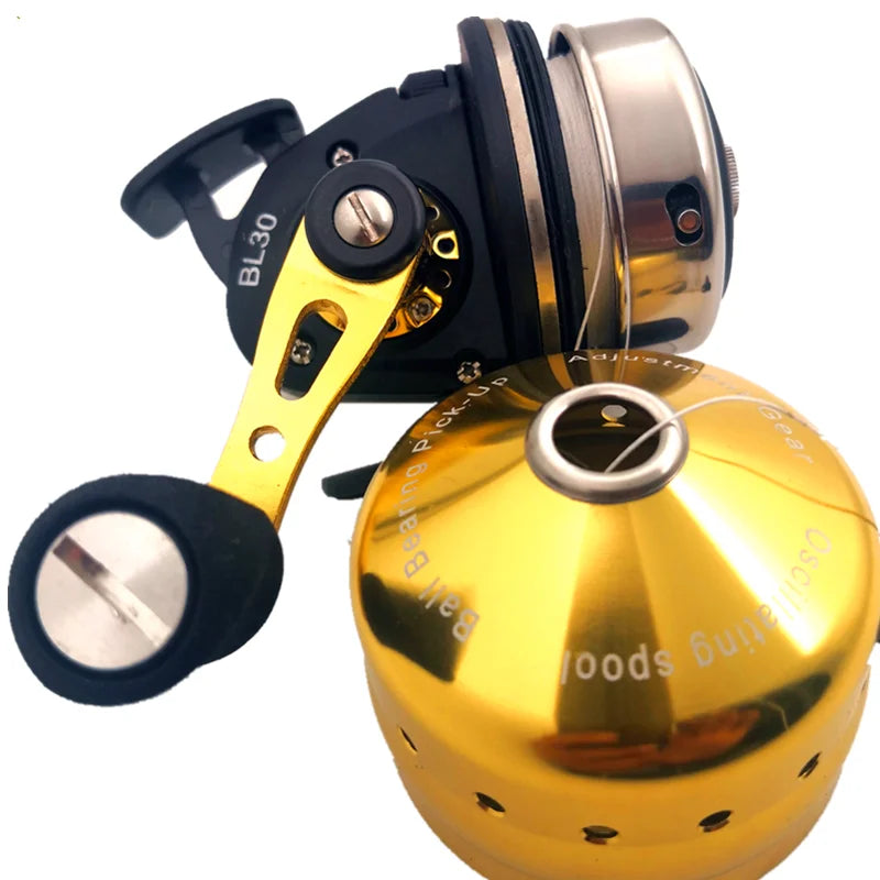 Gold BL30 spincast fishing reel with reinforced body and stainless steel spool, ideal for rivers and lake fishing