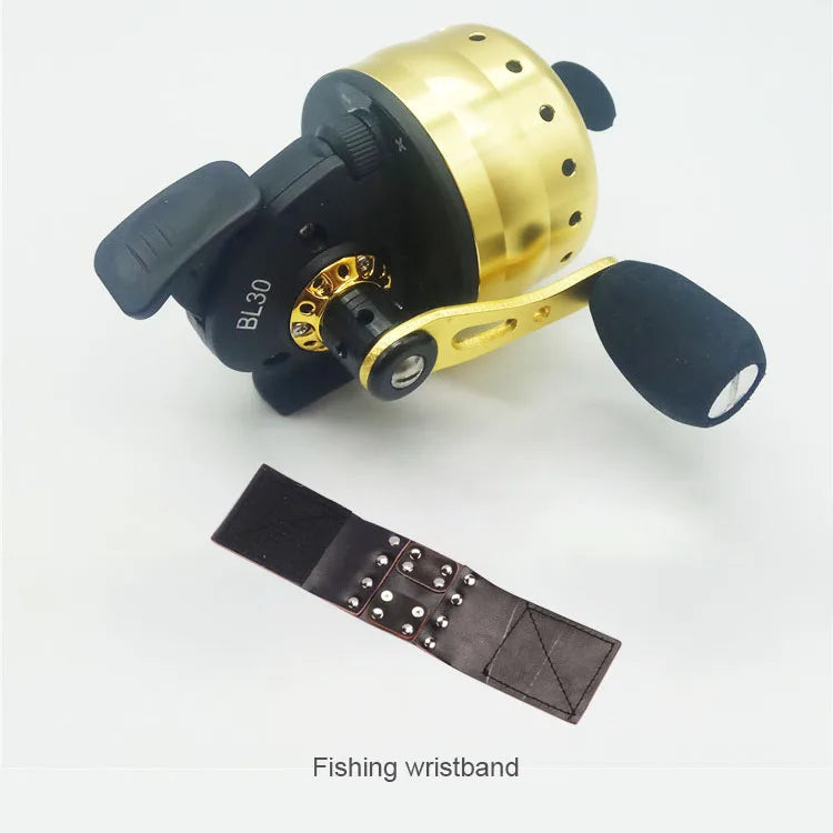 Gold BL30 spincast fishing reel with EVA handle and matching wristband, compact and durable for lake or river fishing