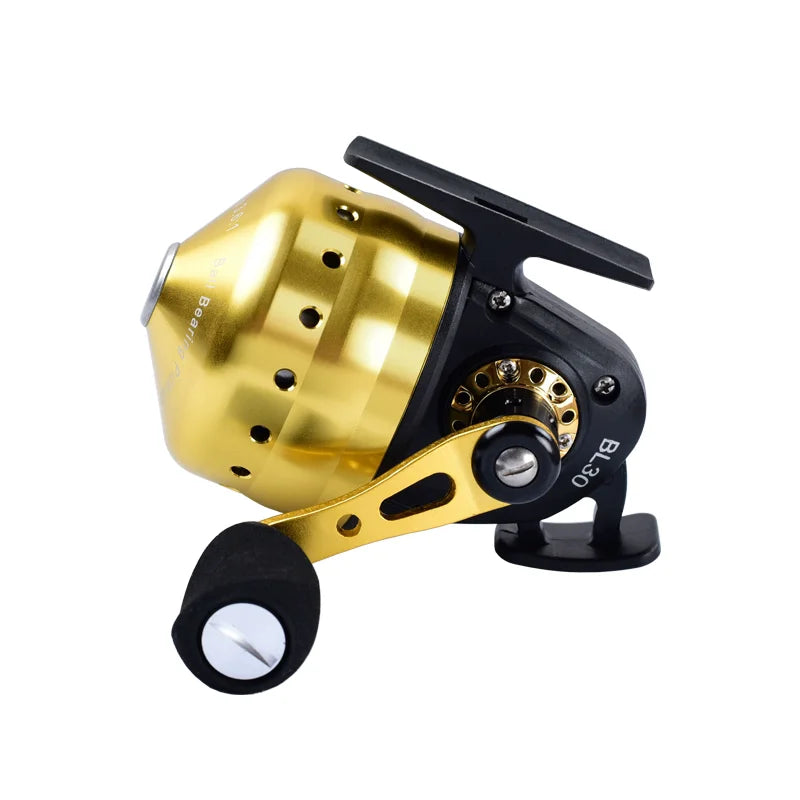 Front view of gold and black BL30 spincast reel highlighting preloaded line system and smooth retrieval design