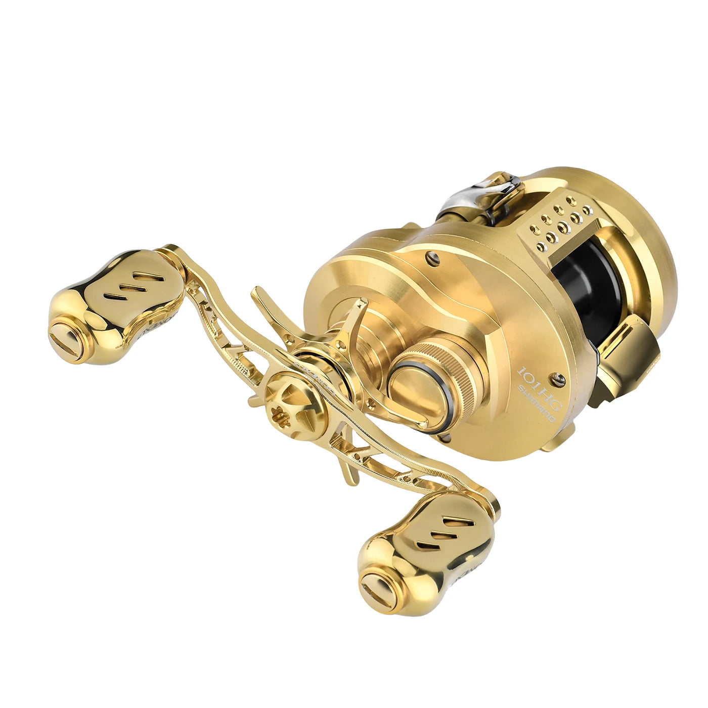 Shimano baitcasting reel shown with GOMEXUS gold clutch lever thumb bar for display