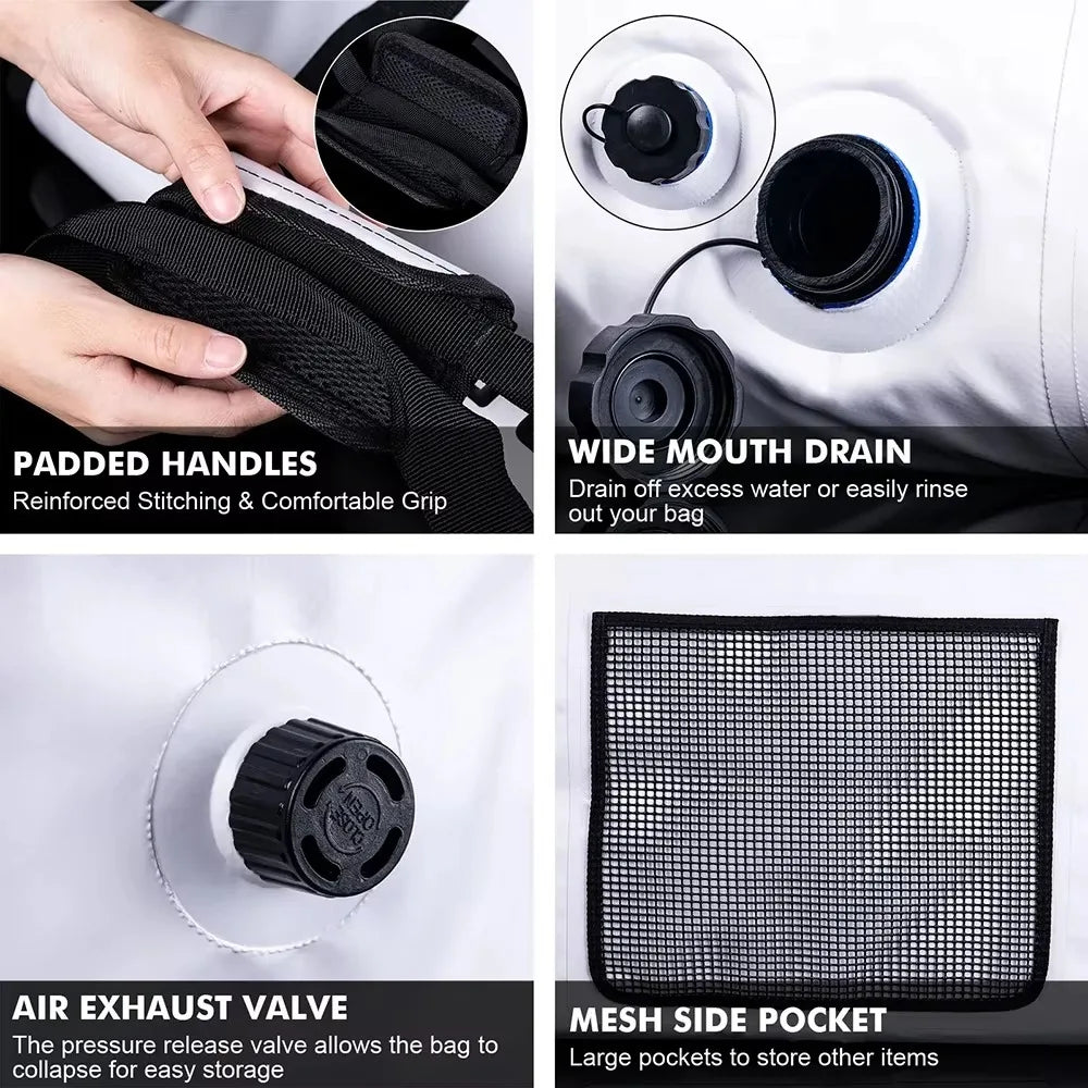 GOTURE cooler bag showing padded handles, air exhaust valve, wide drain mouth and mesh side pocket