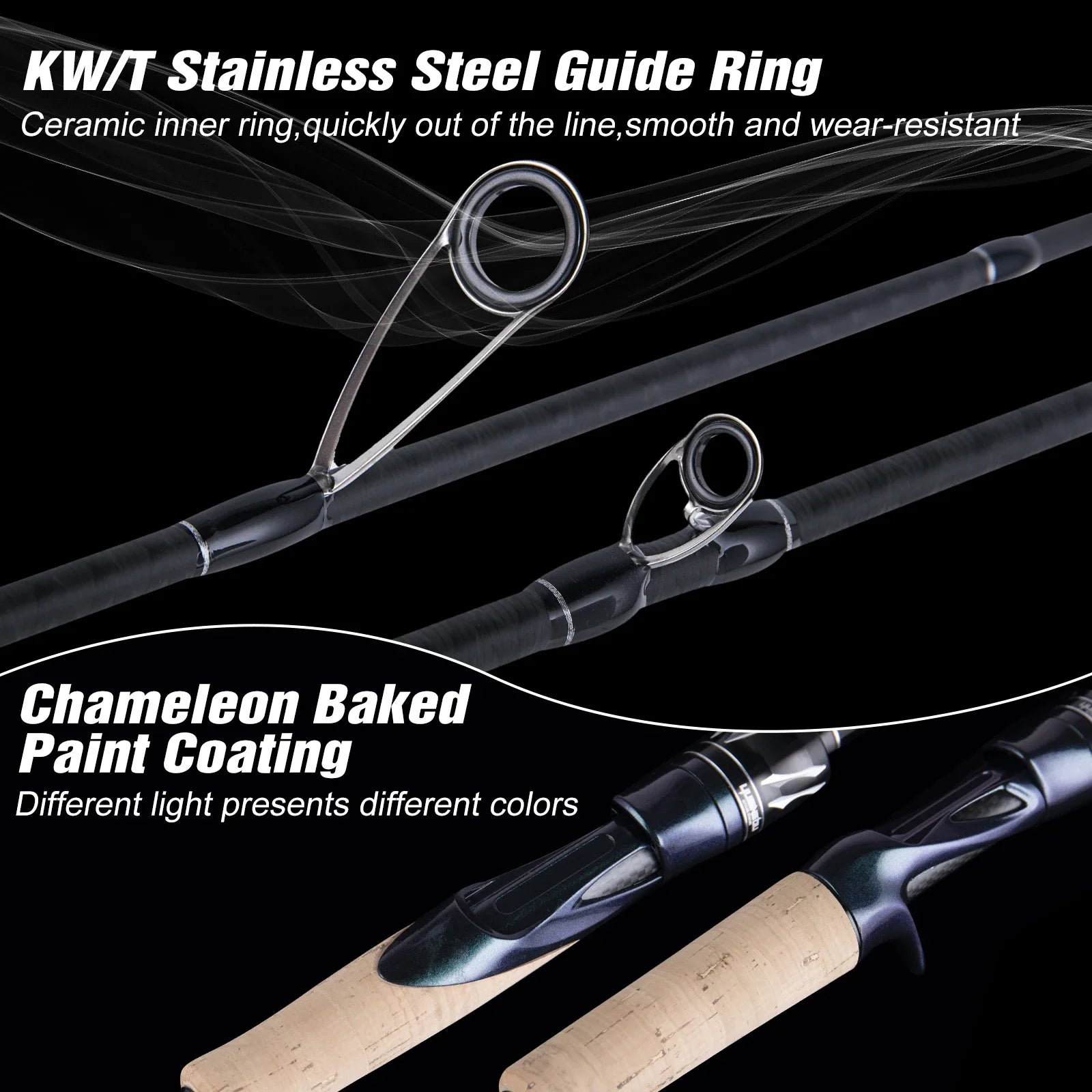 Close-up of GOTURE carbon lure rod KWT stainless steel guide ring and chameleon baked coating