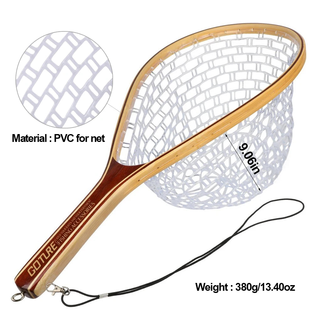 Close-up of GOTURE landing net showing PVC mesh and wooden handle