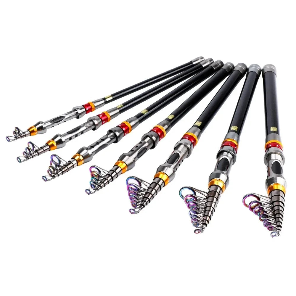 GOTURE telescopic carbon fishing rods in multiple sizes showing guide rings and extended lengths for shore and boat fishing