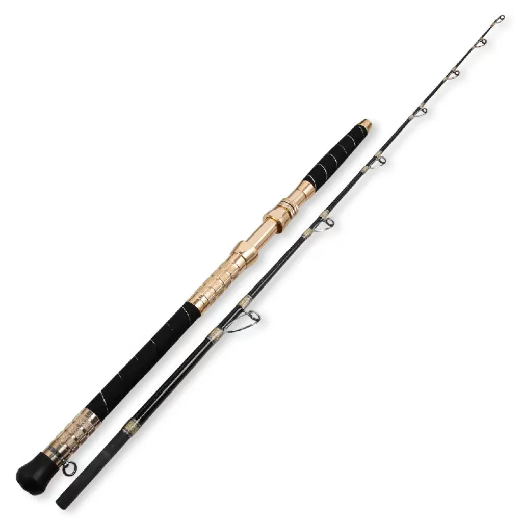 Single GOTURE ultra hard glass trolling rod facing left to right with gold reel seat and solid glass tip