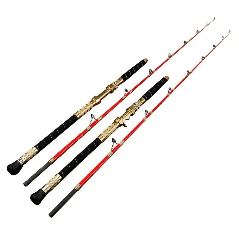 GOTURE ultra hard glass trolling rods with solid glass tips, gold reel seats, and EVA webbing grips for saltwater fishing