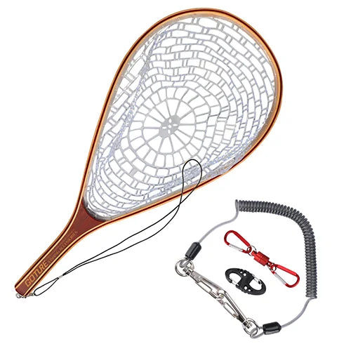 Wooden GOTURE fly fishing net shown with lanyard and magnetic accessories