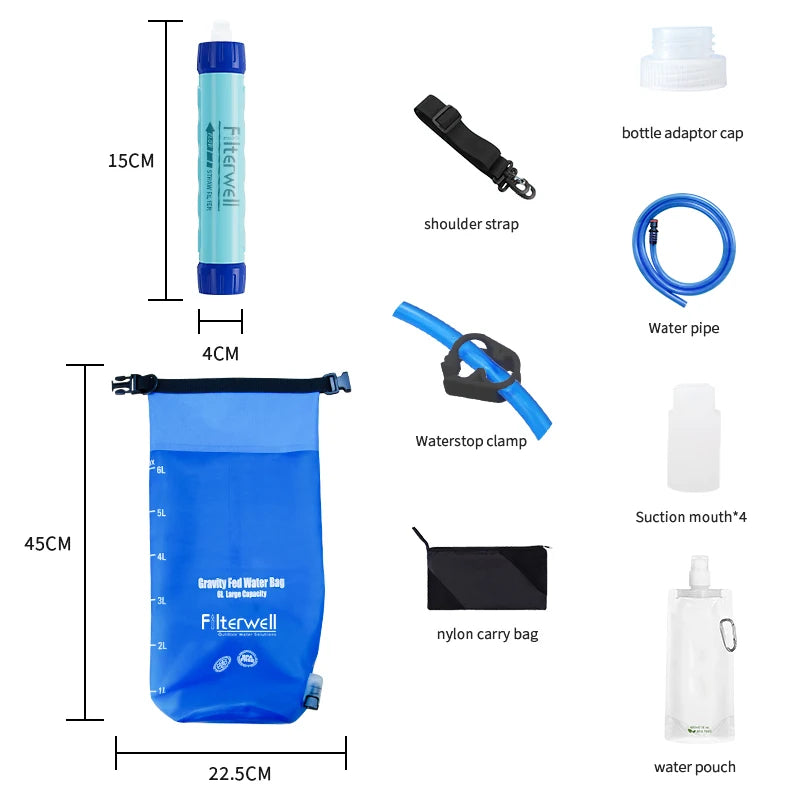 Gravity water filter bag kit contents layout