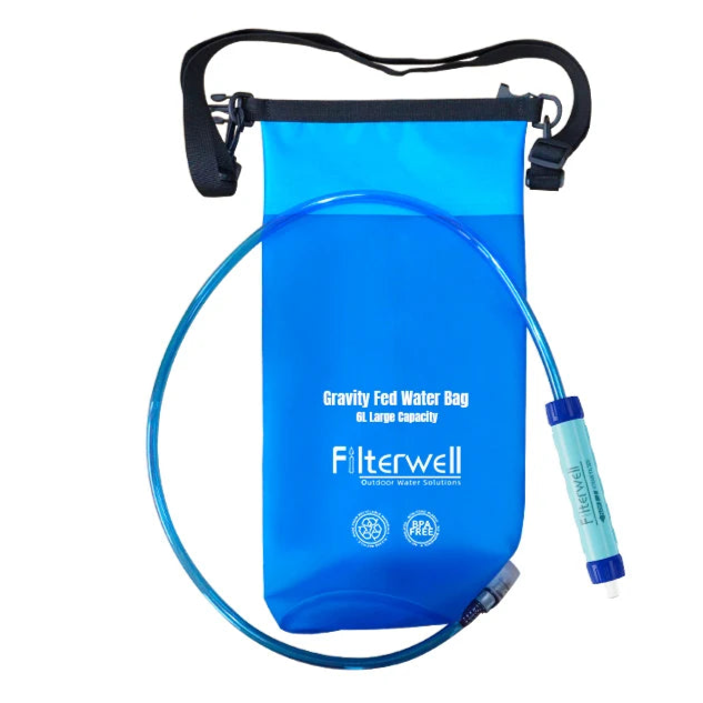 Blue gravity water filter bag with hose and strap