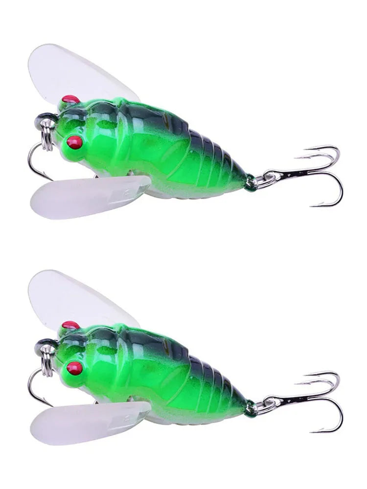 Two green cicada-style fishing lures shown side by side