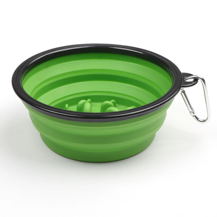 Green collapsible slow feeder dog bowl with clip