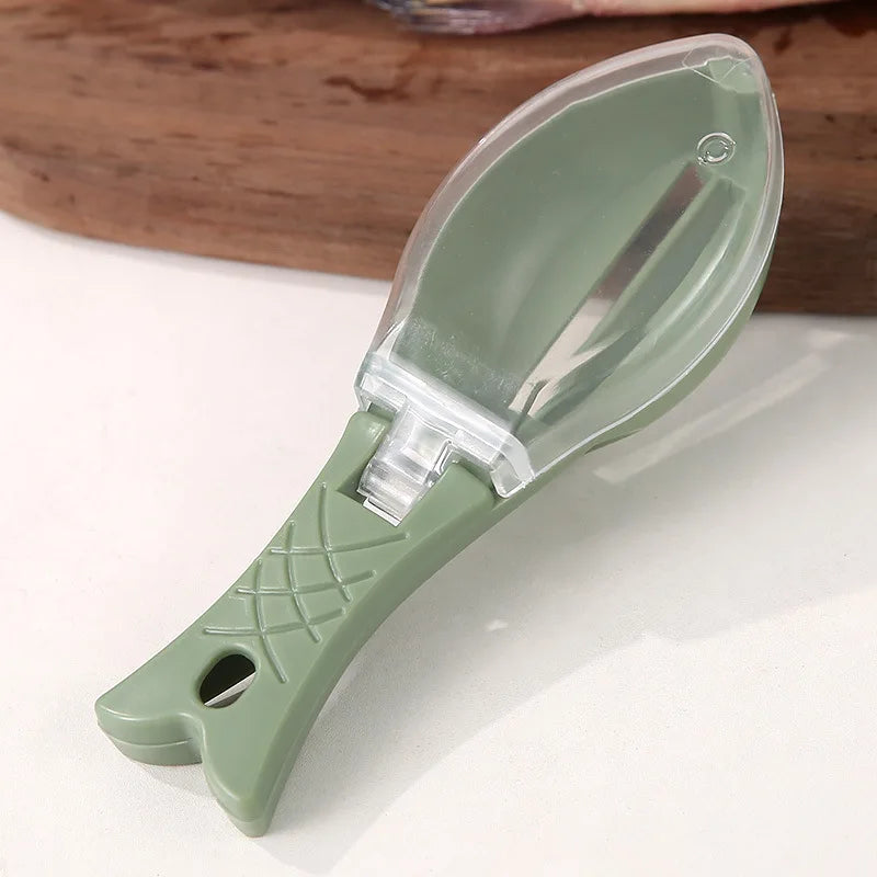 Green plastic fish scale scraper with cover closed