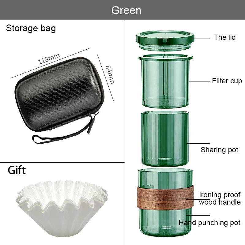 Green portable coffee set shown with storage bag and 3-in-1 breakdown of filter cap, sharing pot, and pouring base components