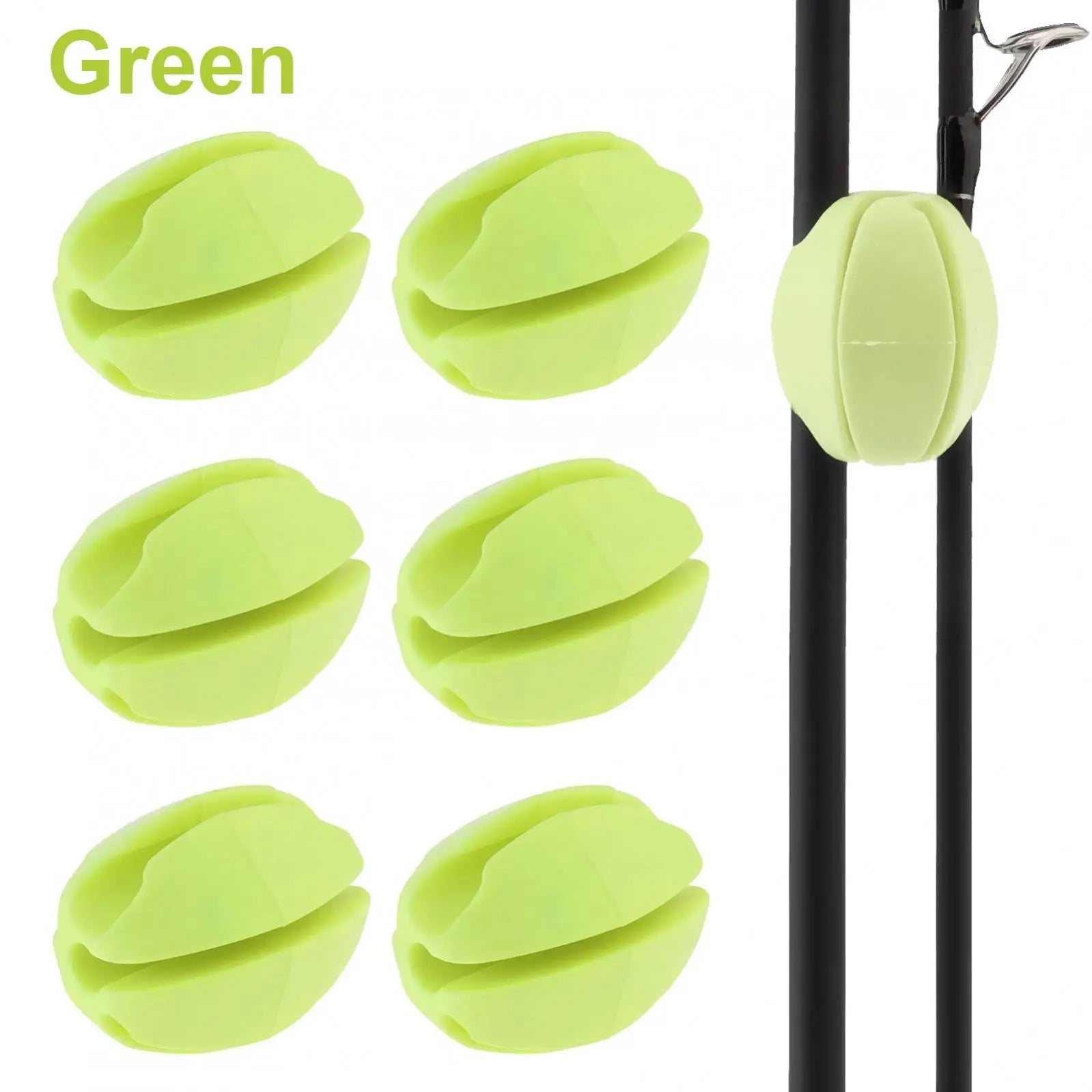 Green silicone rod clips for fishing rods providing secure fit and easy removal