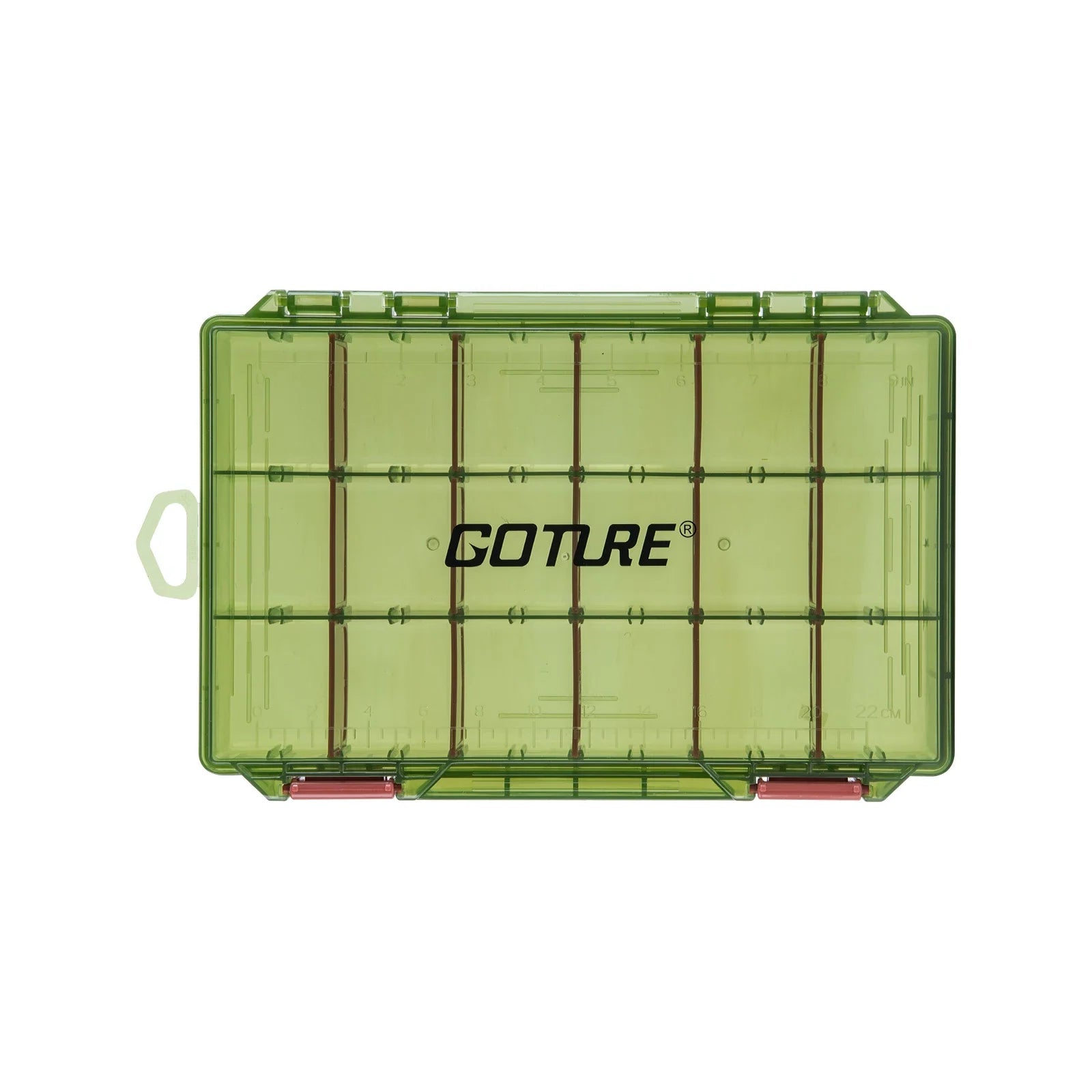 Top view of green fishing tackle box with transparent lid
