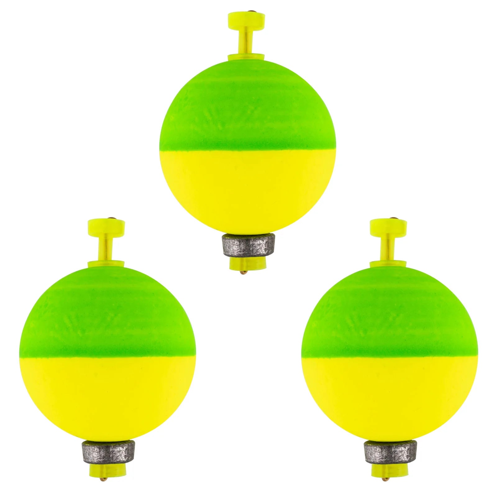 Green and yellow snap-on fishing bobbers for freshwater float fishing