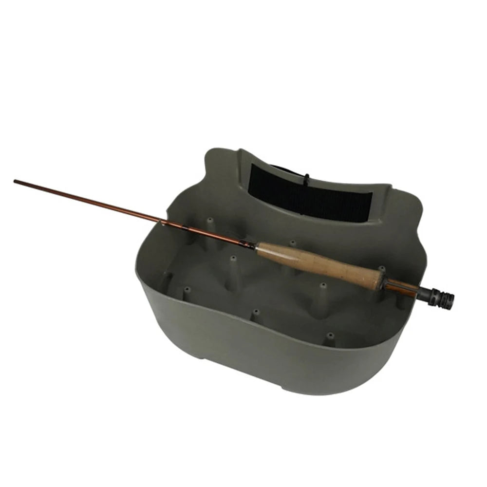 Grey AVENTIK fly fishing stripping basket holding rod across top for line control in lakes