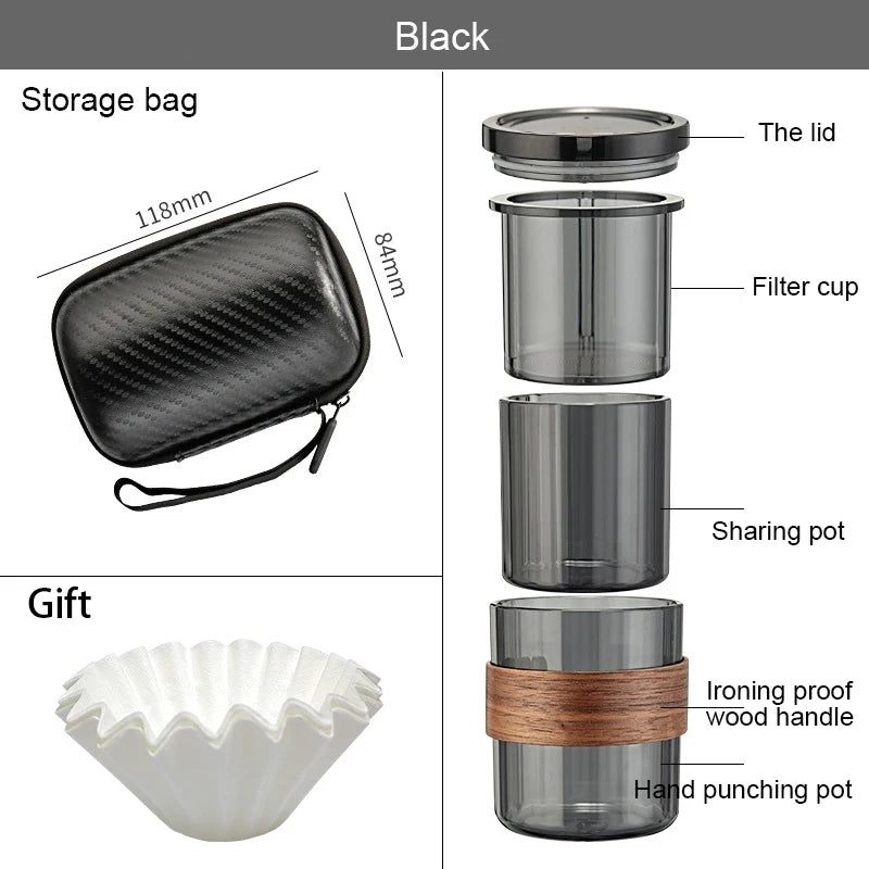 Grey five-piece portable coffee set with wood detailing and paper filters, shown as compact travel gift set