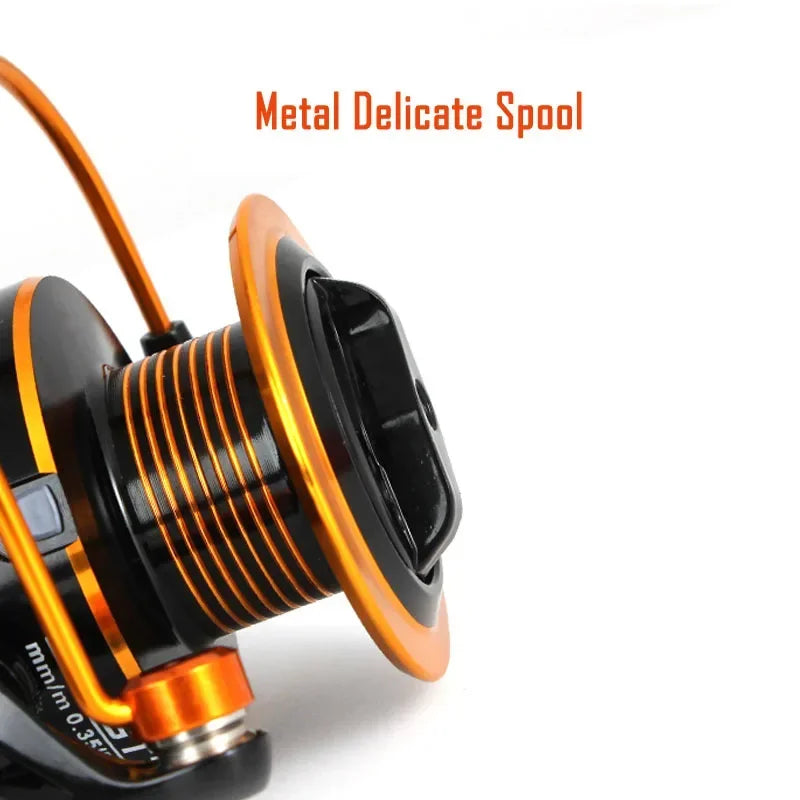 Close-up of GT500 spinning reel metal spool highlighting smooth winding and durable finish