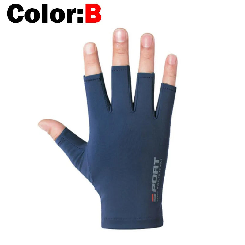 Blue half finger cycling gloves worn on hand