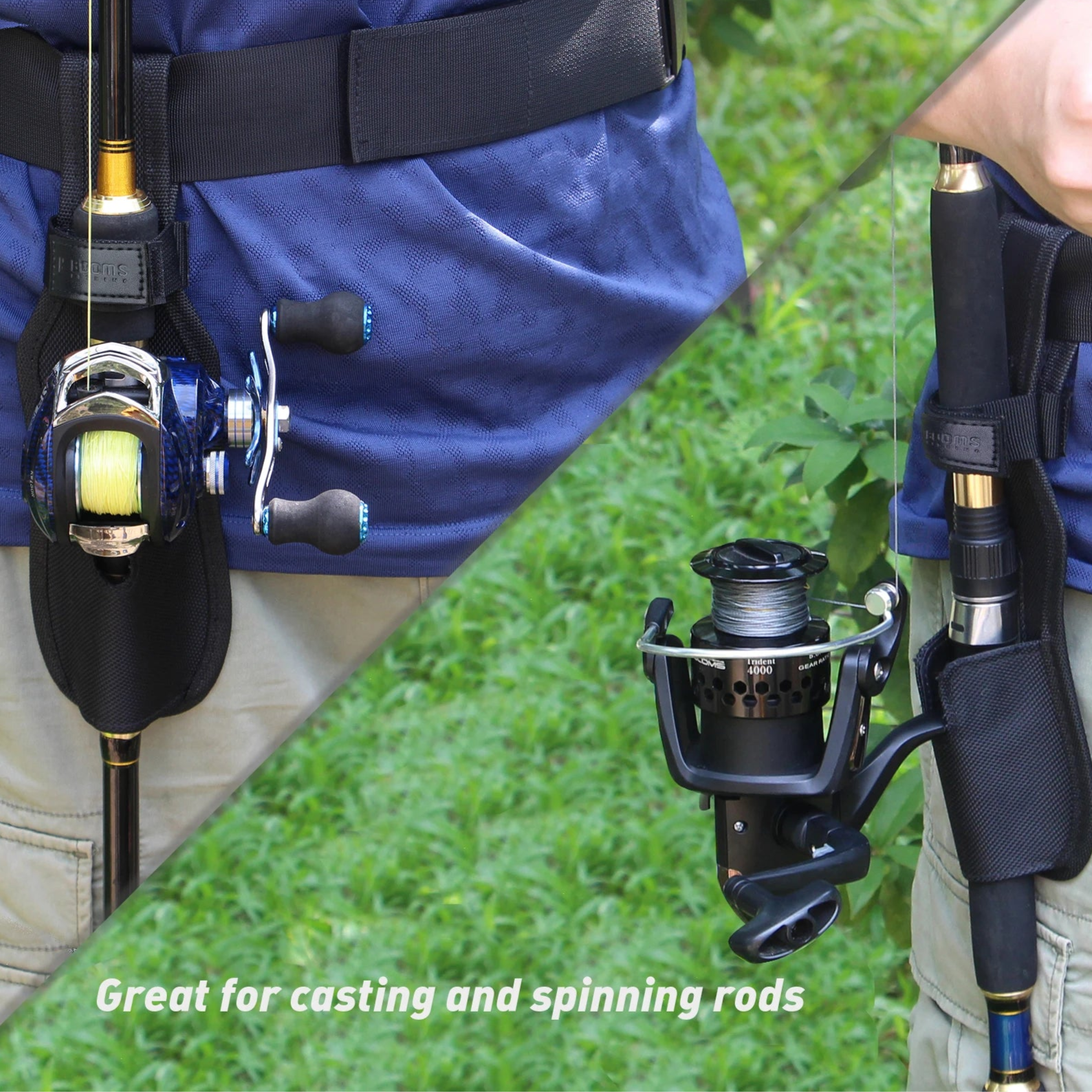 Angler using BOOMS FISHING waist rod holder for hands-free control while tying tackle