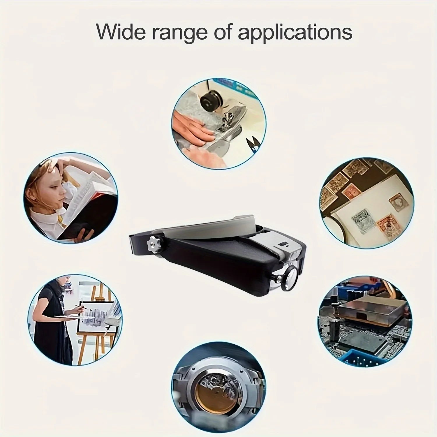 Headband magnifier application examples showing hobby repair and detail tasks