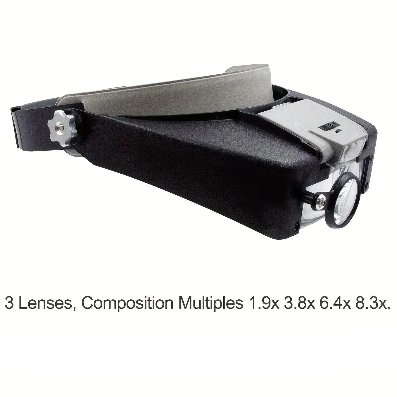 Headband magnifier with interchangeable lenses shown folded and extended