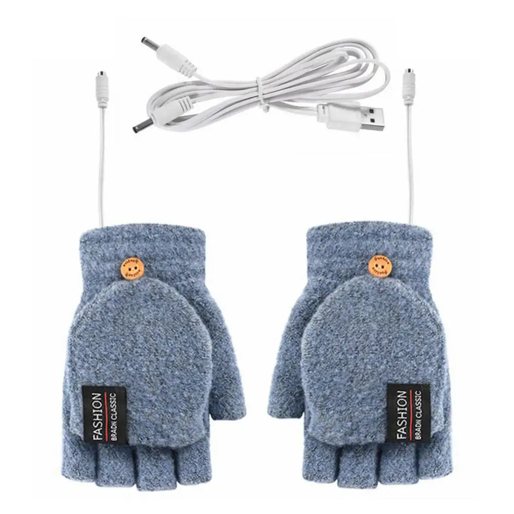 Blue heated half finger gloves with fold over mitten