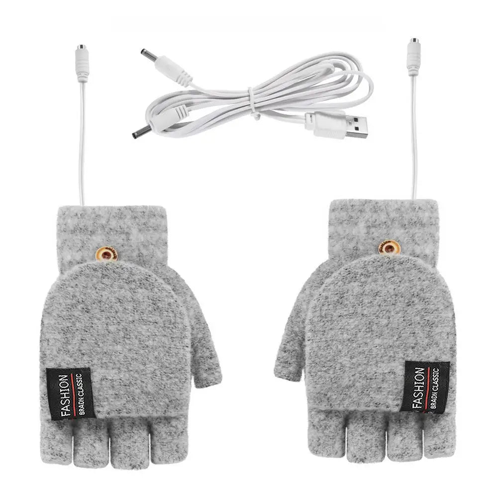 Grey heated half finger gloves with fold over mitten