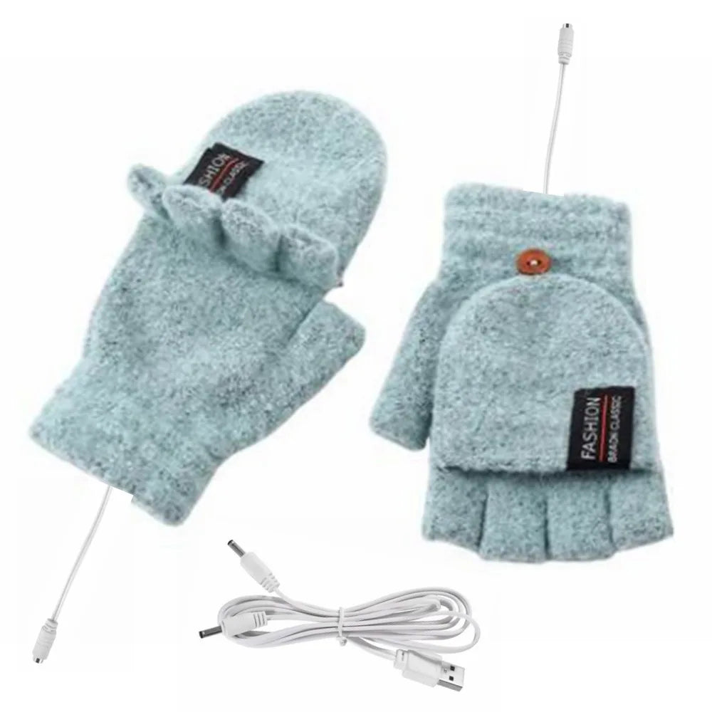 Light blue heated winter gloves with USB cable