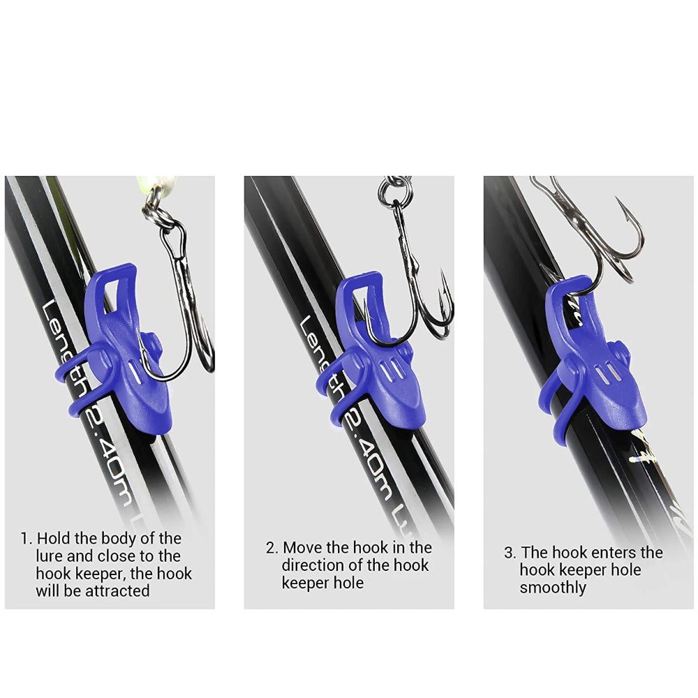 Instructions showing how to fit magnetic fishing hook keeper onto rod handle