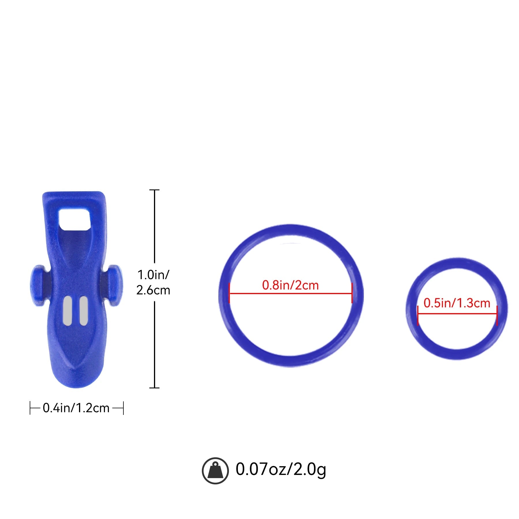 Diagram showing size measurements of magnetic fishing hook keeper and rubber rings