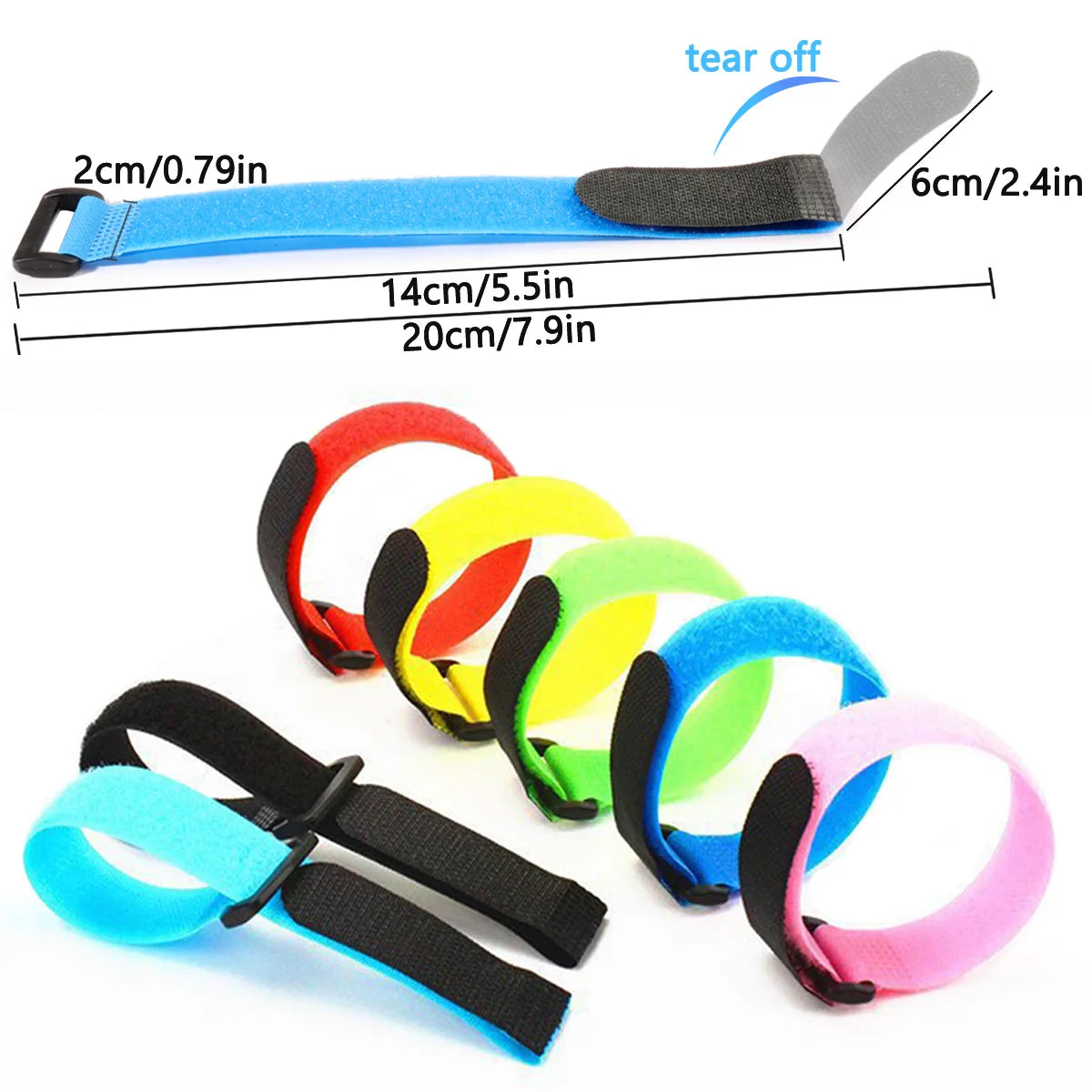 Measurement chart showing length and width of adjustable hook-and-loop fishing rod straps