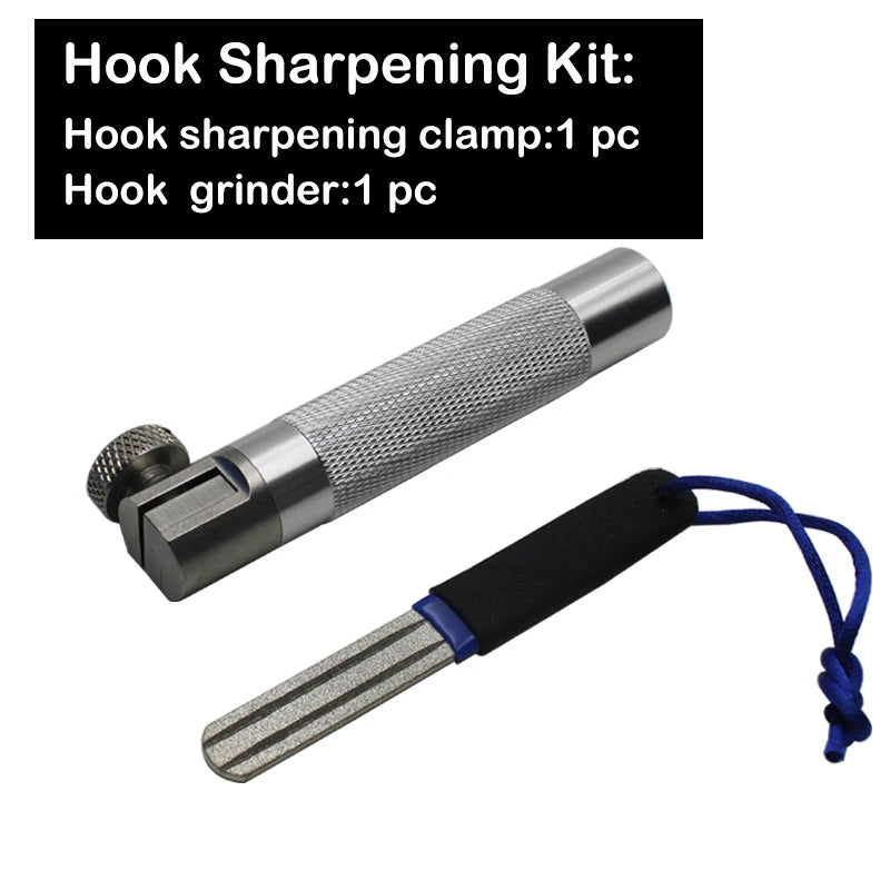 Hook sharpening kit showing aluminium clamp and grinding tool for maintaining sharp fishing hooks