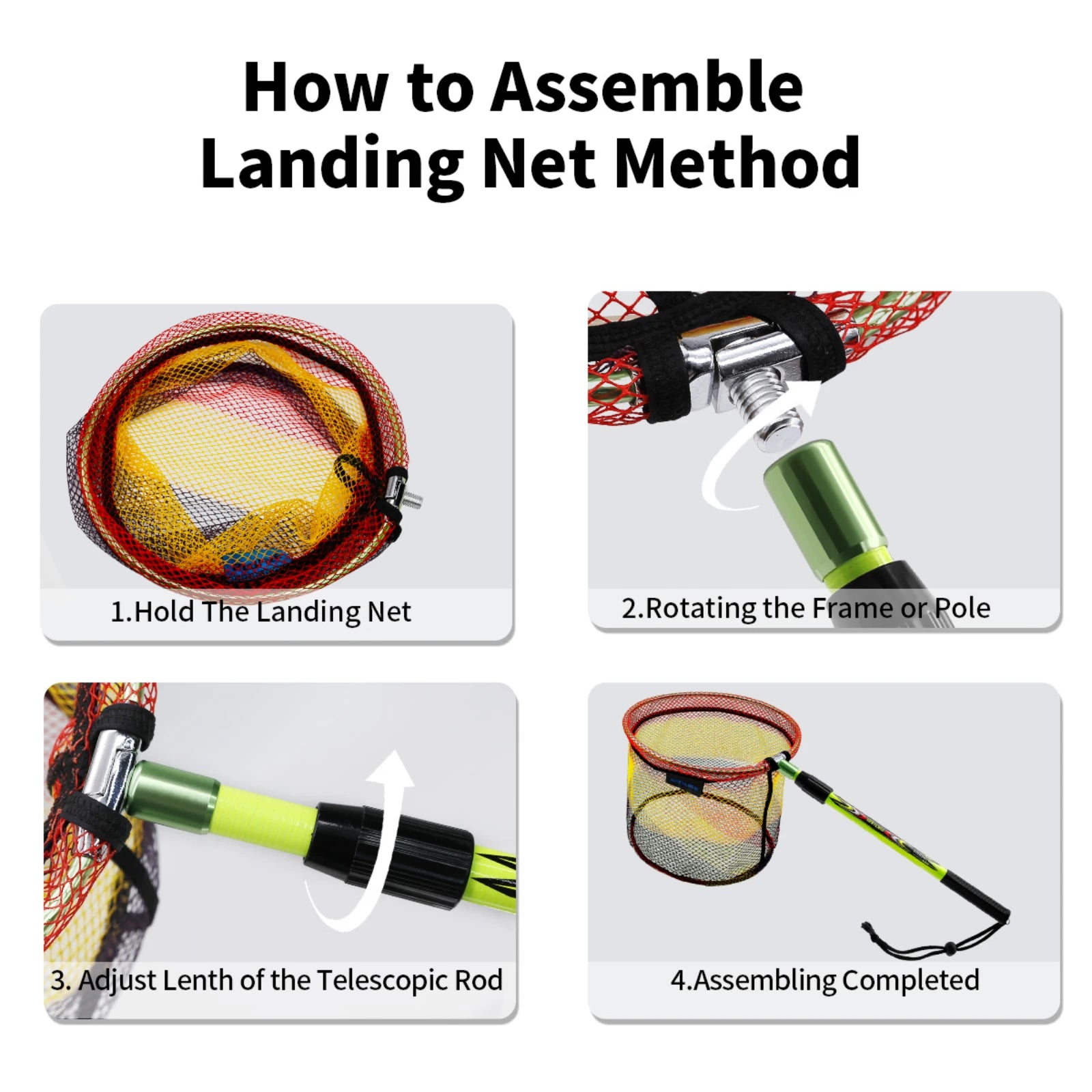 Step-by-step guide showing how to assemble and attach detachable landing fishing net to telescopic pole