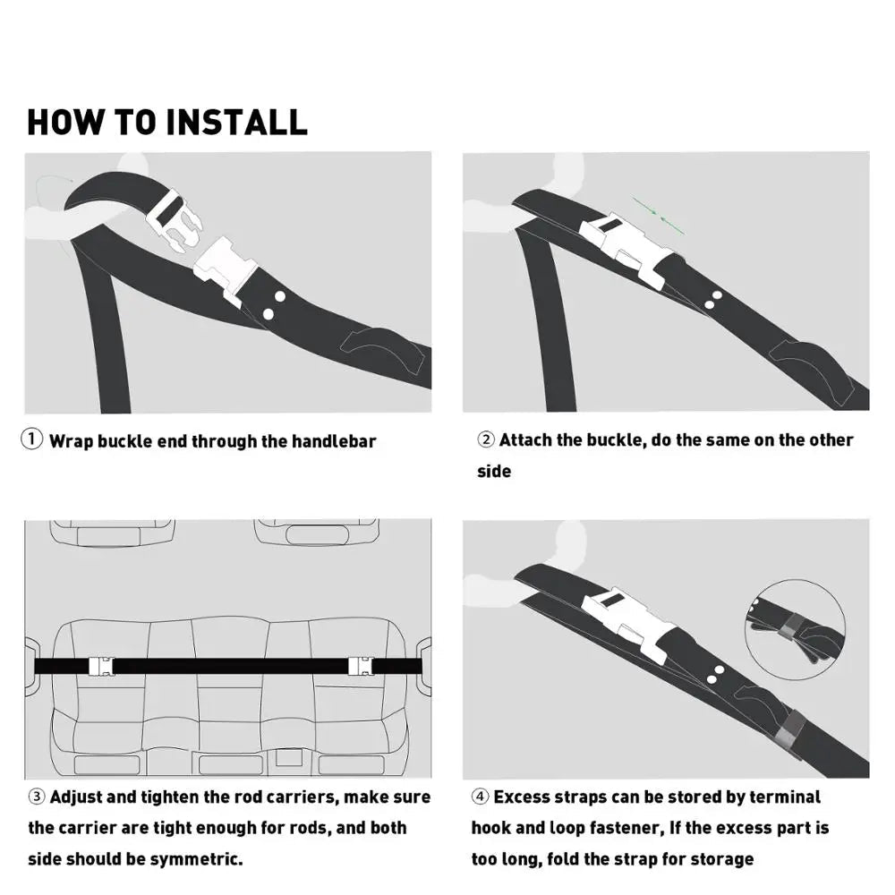 Step-by-step installation guide for BOOMS FISHING in-car rod holder showing strap and buckle fitting