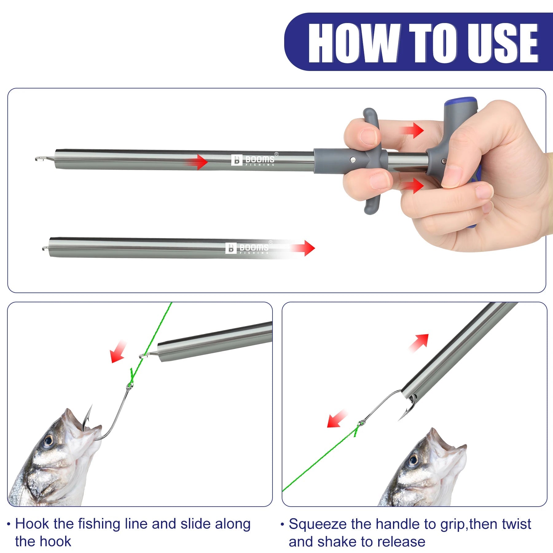 Step by step use of fish hook remover tool for safe dehooking